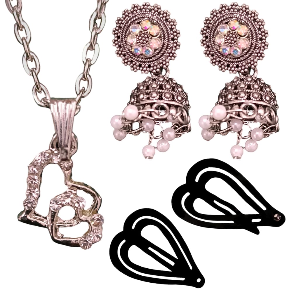 Silver Heart Chain With Jhumka and Clips Combo 1
